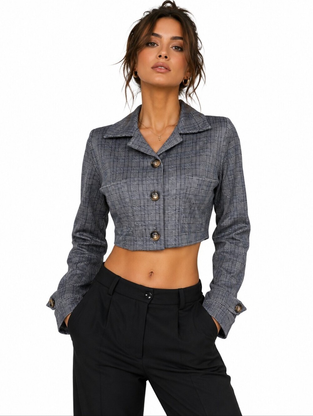Farrow M Cropped Plaid Button Front Jacket Glen Check Boxy Stretch Blazer